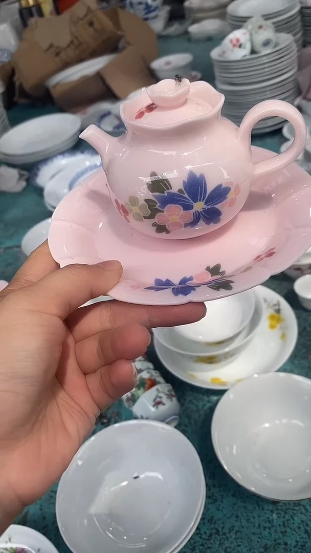 摆件红稀土蓝花茶壶加托盘