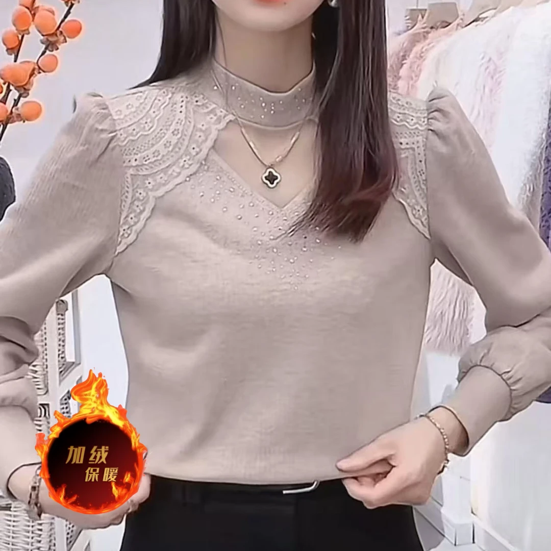 新款冬季加绒气质贵气上衣独特漂亮小衫蕾丝内搭百搭时尚修身长袖