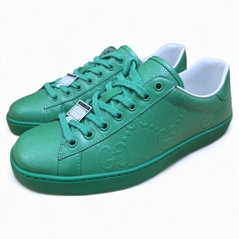 99新 GUCCI/古驰 双G互扣老花满印绿色暗纹满印系带板鞋时尚男款