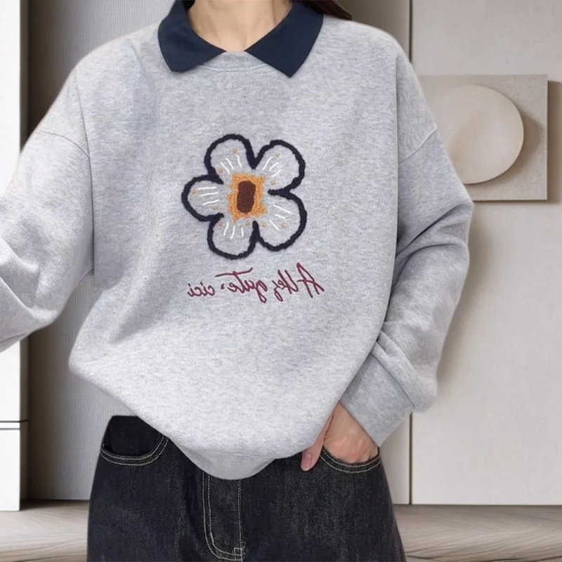 卫衣早秋新款假两件花朵图案减龄卫衣C6284