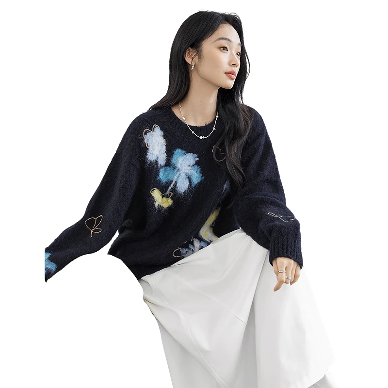 对白复古蝴蝶绣花圆领毛衣女新款绵羊毛软DYZB-FDE130