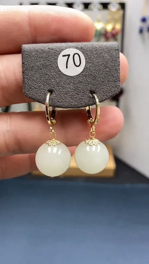 【闪购商品】和田玉耳饰银S925镀金镶嵌尺寸14mm耳扣08