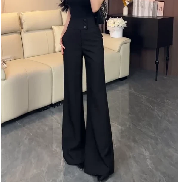 早秋高腰显瘦阔腿裤百搭休闲三扣微喇裤