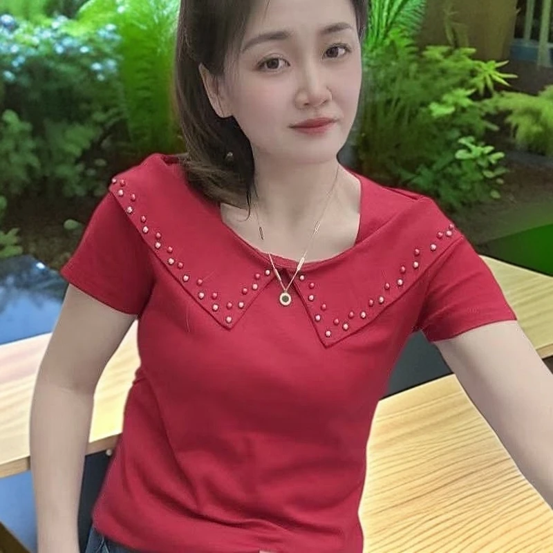 《丽丽家》新款洋气2025T恤纯色打底钉珠百搭短袖气质时尚上衣显瘦