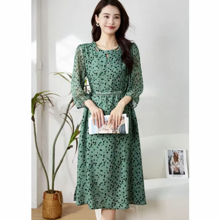 1089绿波点高端领透气夏季妈妈装连衣裙