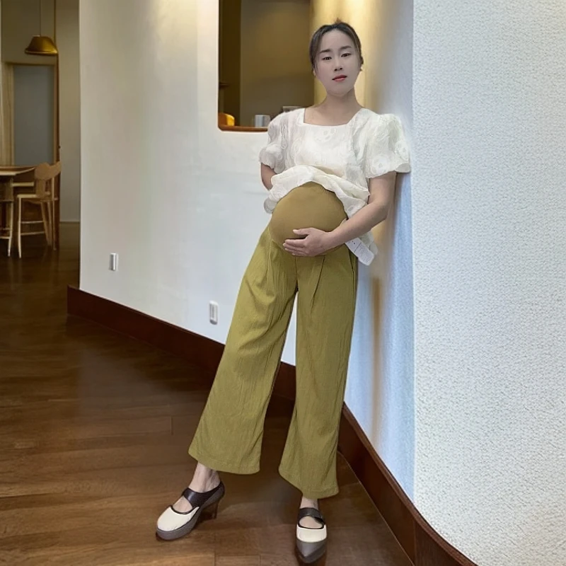 夏季新款孕妇冰丝裤子小个子宽松直筒裤软糯薄款高腰时尚夏季外穿