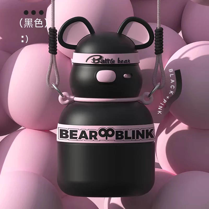 萌萌哒可爱女生保温杯可捏硅胶耳朵保冷保热大容量斜挎吸管手提