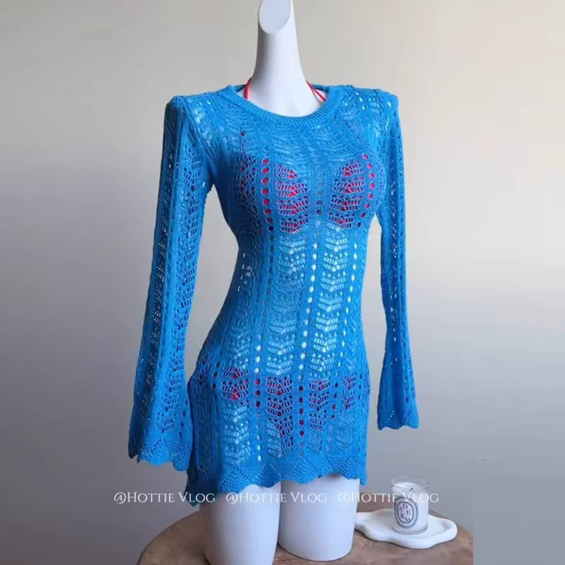 欧美修身沙滩裙女显瘦性感时尚镂空沙滩比基尼蓝色泳衣罩衫防晒