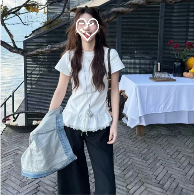 温柔甜妹风设计感蕾丝拼接短袖T恤女春夏季小个子修身显瘦上衣