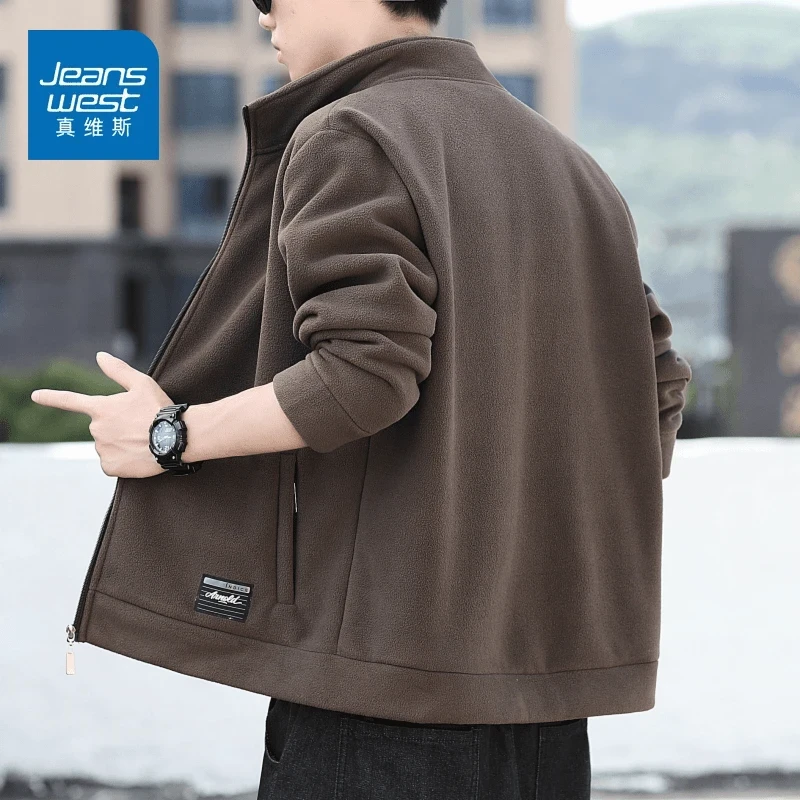 真维斯百搭户外春秋摇粒绒开衫立领男大码韩版加绒休闲设计感外套