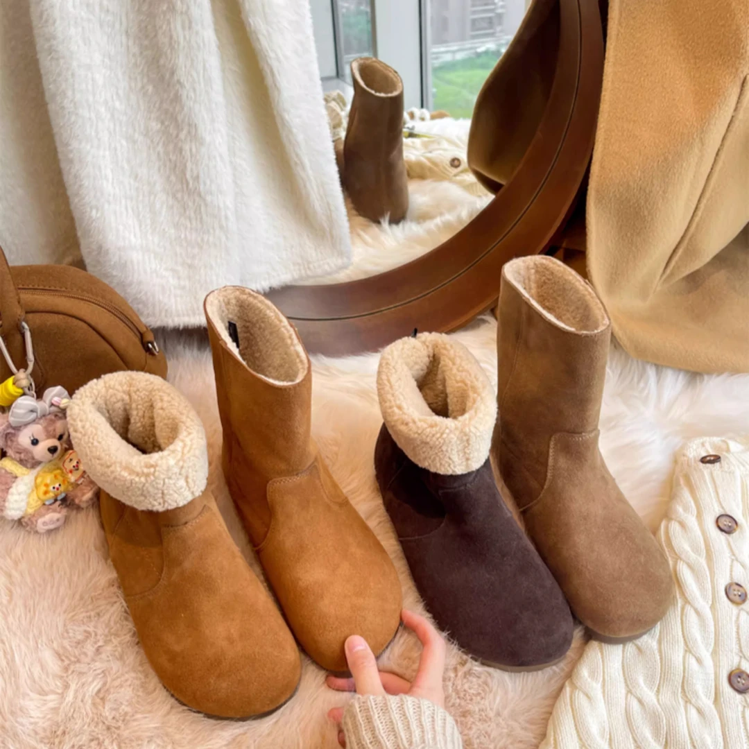 4CM内增高软皮两穿保暖雪地靴2025秋冬款毛毛勃肯鞋复古加绒短靴