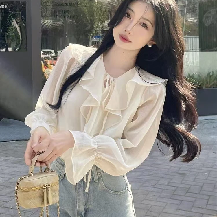 法式别致漂亮衬衫女秋季2025新款荷叶边甜美气质绝美长袖雪纺上衣