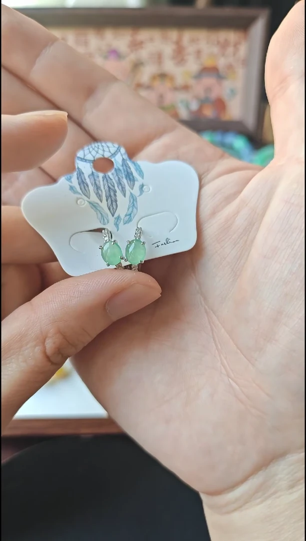 【闪购商品】翡翠耳饰银S925镶嵌翡翠耳饰S925银镶嵌