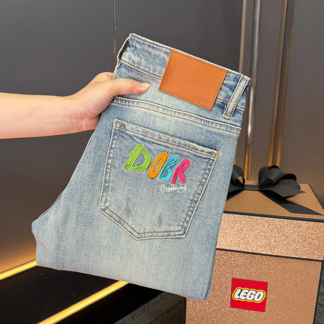 【LY专属】夏季新款欧货刺绣雾霾蓝色牛仔裤男轻奢修身小直筒欧货男