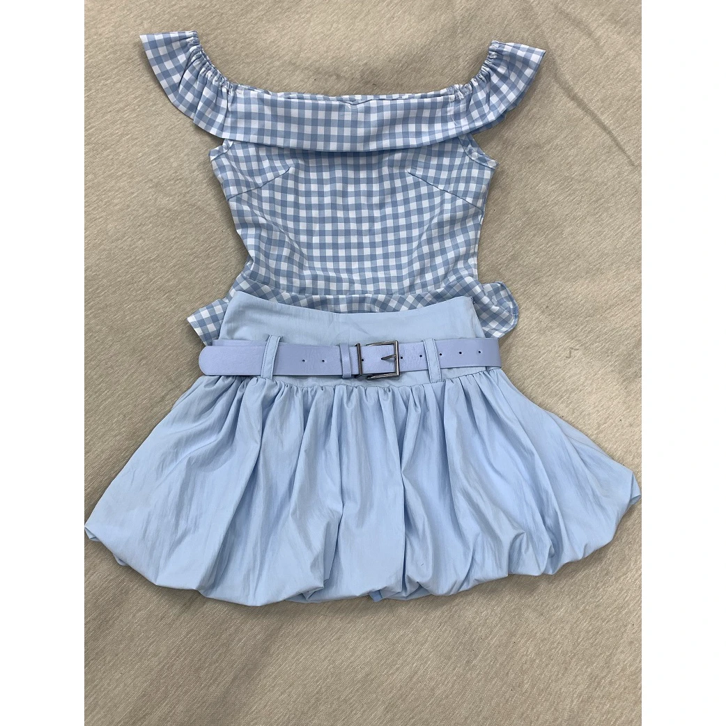 2025夏季法式复古时尚套装女格子背心吊带上衣蓬蓬裙短裙子两件套