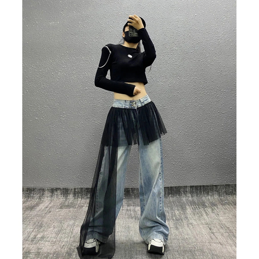 美式高级设计感网纱拼接阔腿牛仔裤女2025夏季新款宽松显瘦直筒裤