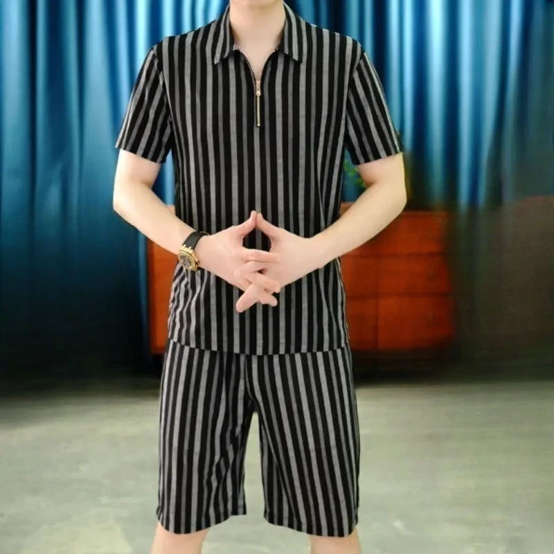 欧洲站夏季男士短袖套装时尚个性竖条纹轻奢百搭凉感薄款两件套装