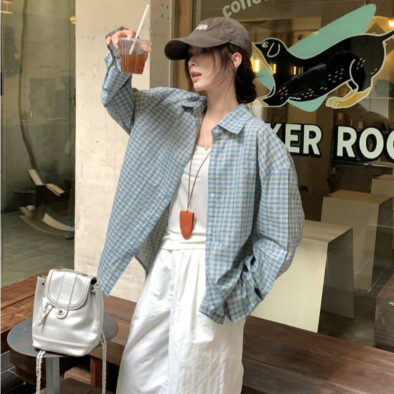 慵懒韩系复古外套蓝色格子衬衫女2025春秋季新款宽松叠穿休闲衬衣