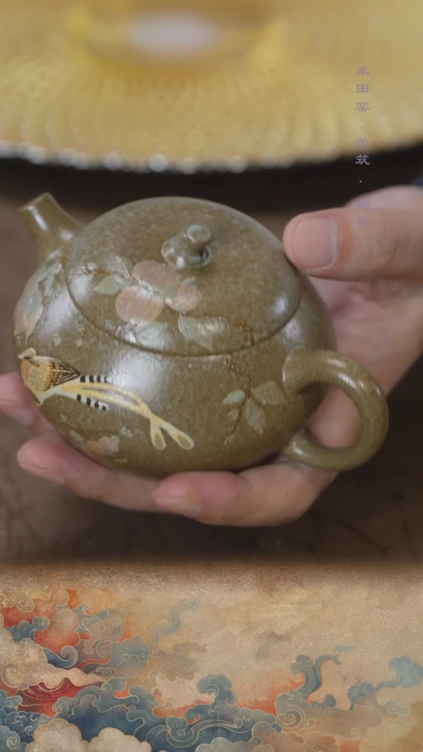 茶壶紫砂柴烧翡翠烧豆青料绶带鸟茄瓜180cc