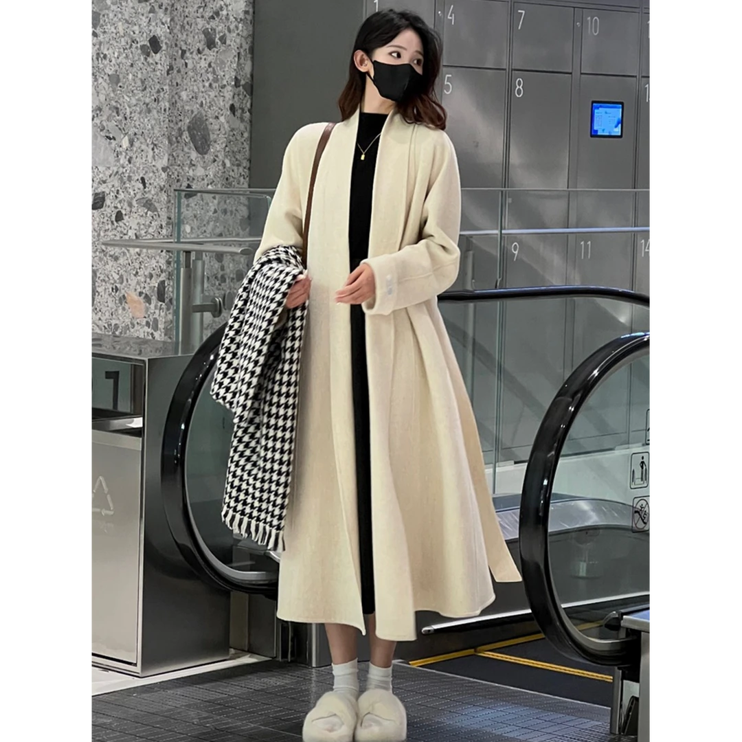 秋冬新款双面呢大衣女中长款慵懒毛呢子气质赫本风外套【YR-N346】