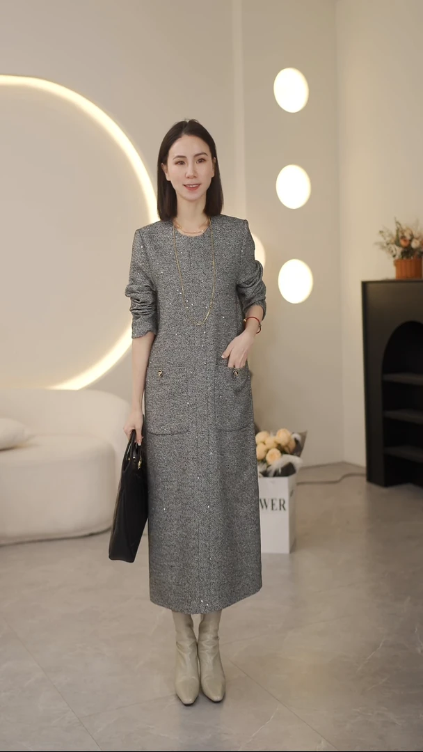 【西丽】长袖显瘦秋冬连衣裙时尚休闲半高领长裙气质百搭
