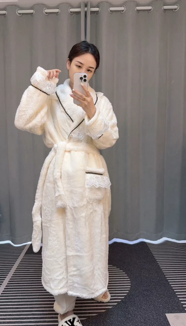 睡袍加厚家居服女保暖睡衣秋冬蕾丝花边中长款冬款长袖时尚厚款