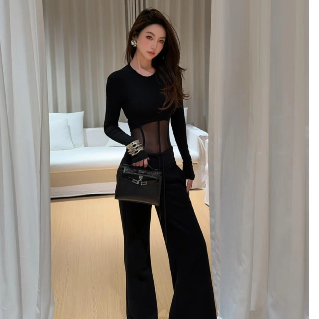 纯欲风性感修身长袖t恤女2026春季设计感网纱拼接上衣阔腿裤套装