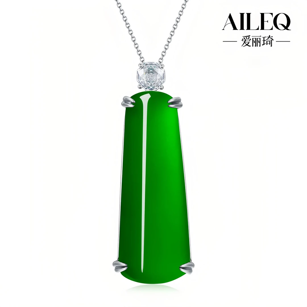 AILEQ925银天然玉髓满绿新品美人条平安无事牌吊坠珠宝欧若风项链