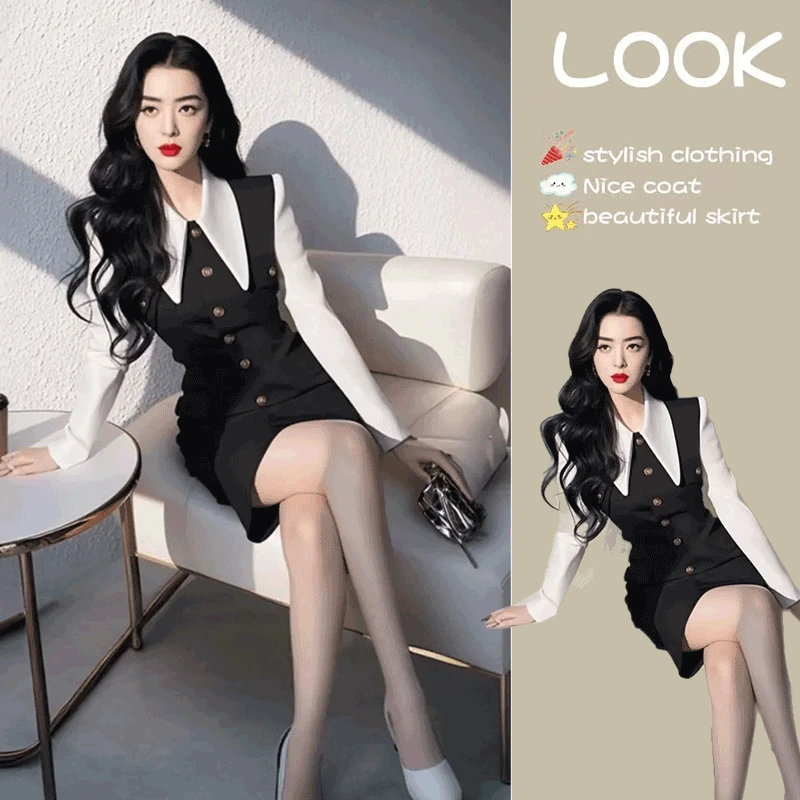 赫本风气质撞色连衣裙春季女装2025新款假两件名媛高级收腰短裙子