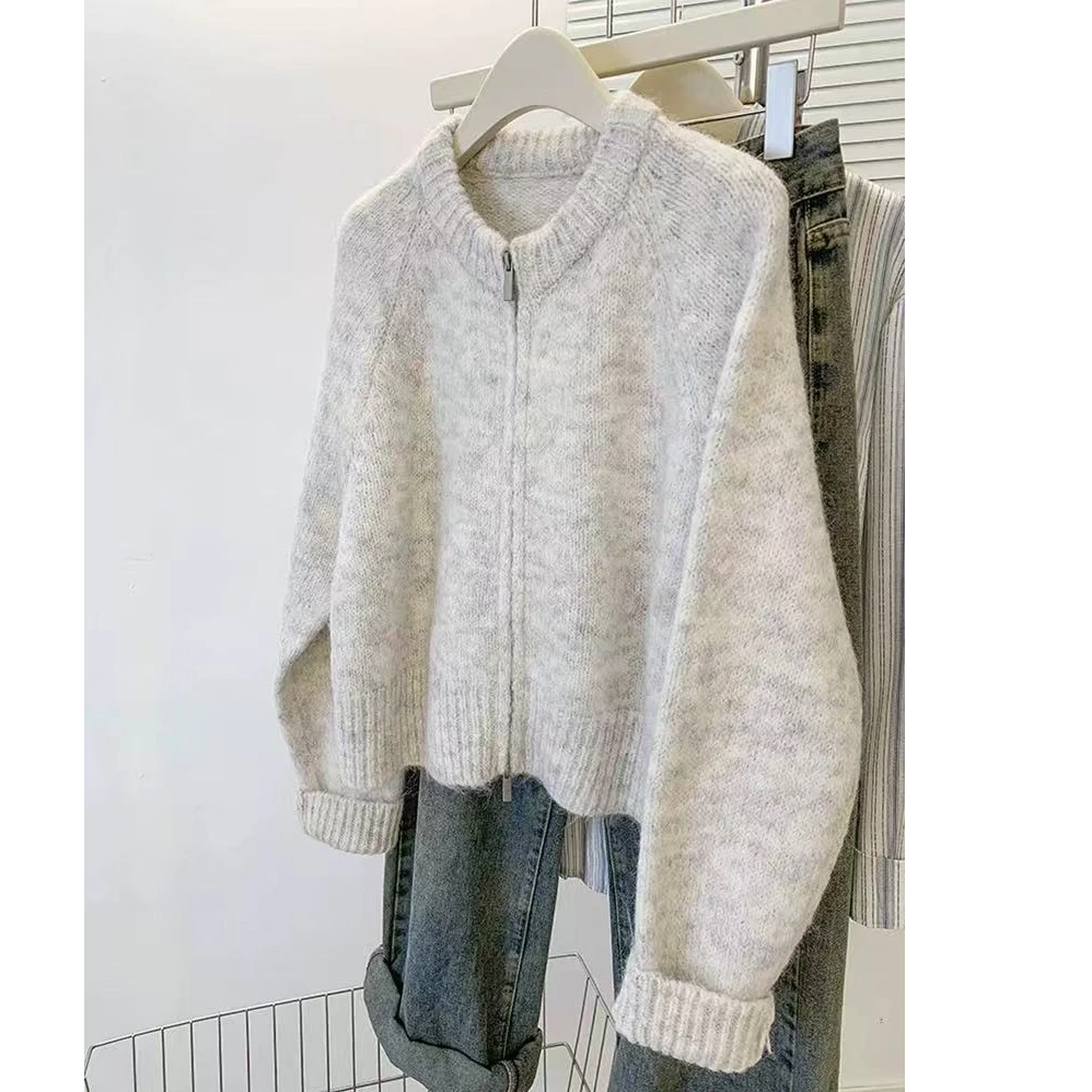 米白色~软糯圆领毛衣外套女春秋新款外套双拉链慵懒针织开衫上衣