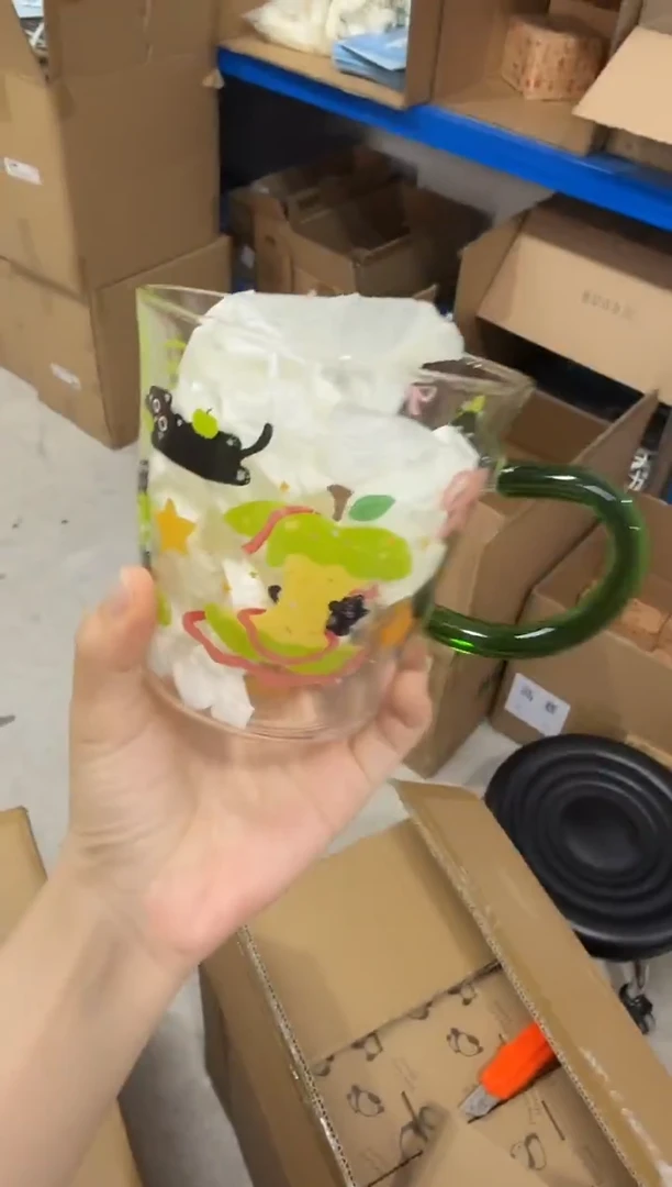 瓷片绿色苹果猫高硼硅玻璃杯