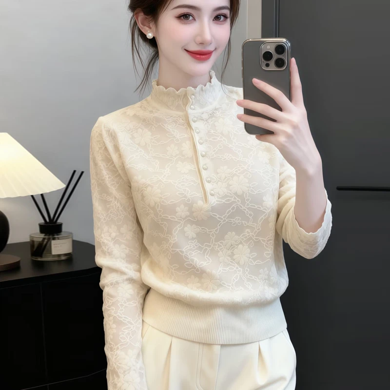 哥弟阿玛施正蕾丝保暖通勤风套头款冬季立领针织毛针织衫毛衣女