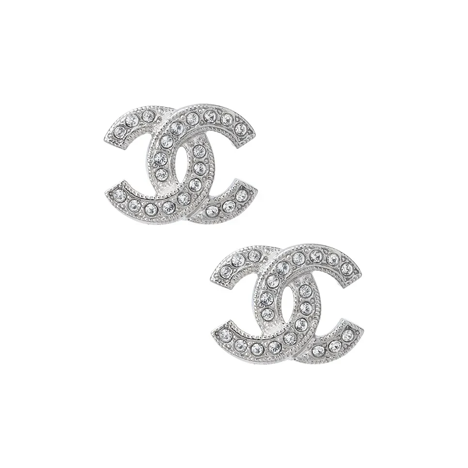 铜合金耳饰 CHANEL香奈儿 经典双C镶钻 金属 耳钉 女款 银色