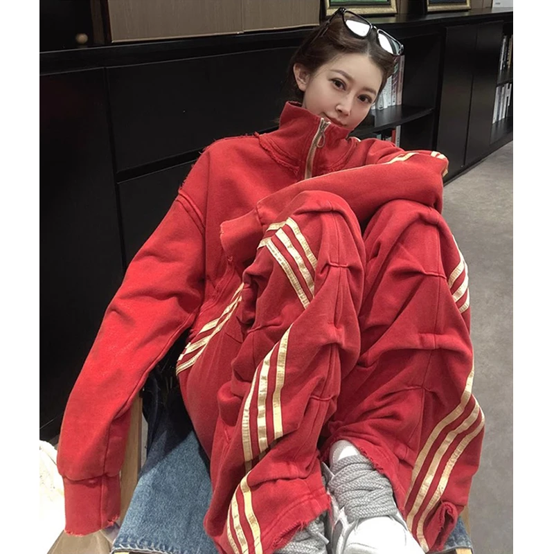 欧洲站2025秋季新款韩版百搭显瘦立领毛边拉链卫衣松紧腰长裤套装