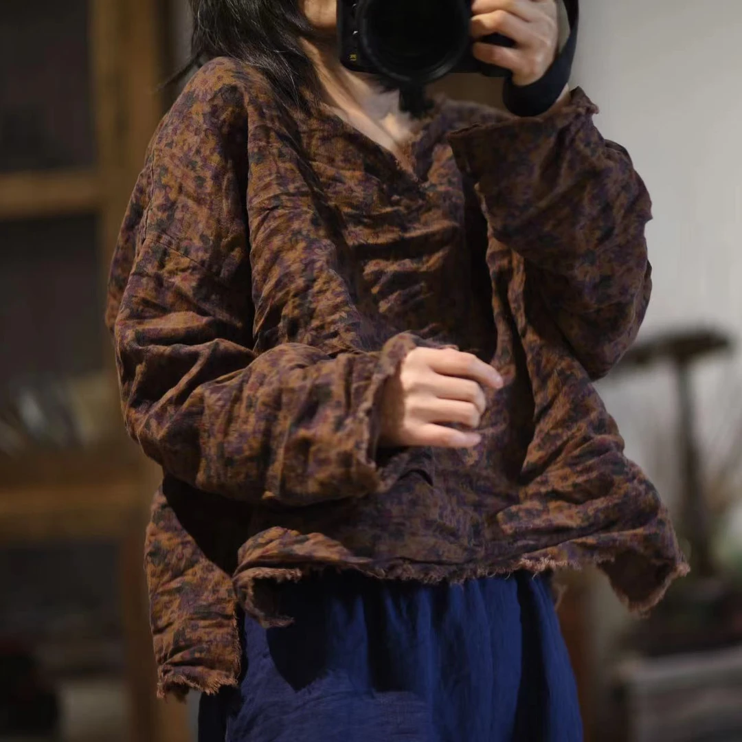 sunianweiyang/素年未央半途 印花砂洗亚麻毛边套头衫