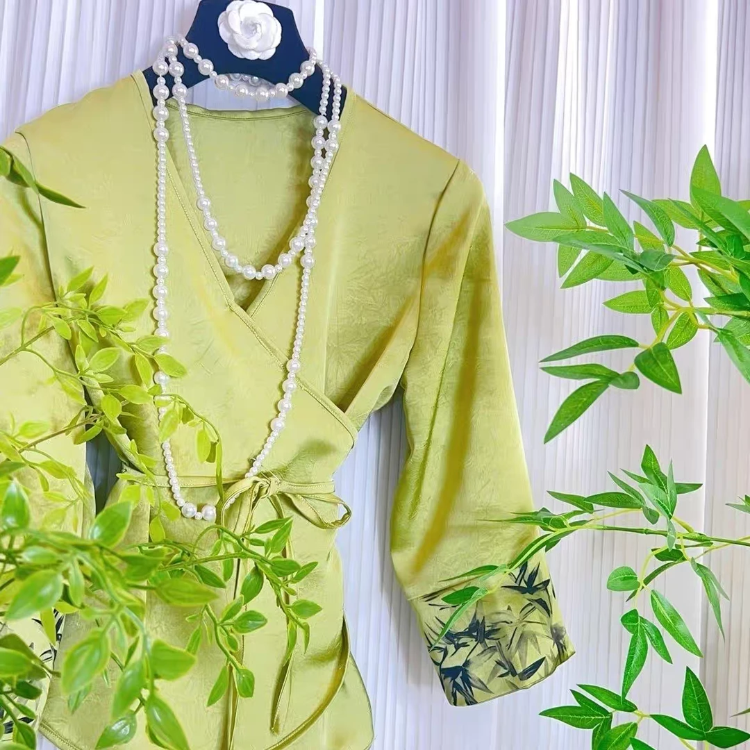 中式漂亮套装国风春季设计长袖竹叶2024上衣别致独特新中式
