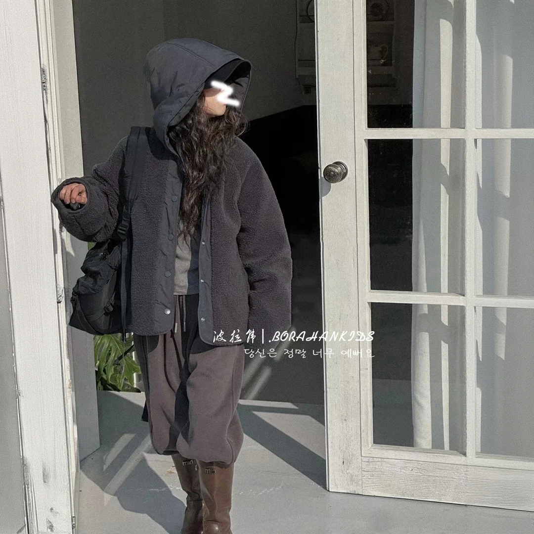 女童外套2025新款冬季休闲夹棉韩版连帽棉服双面穿上衣毛毛衣棉袄