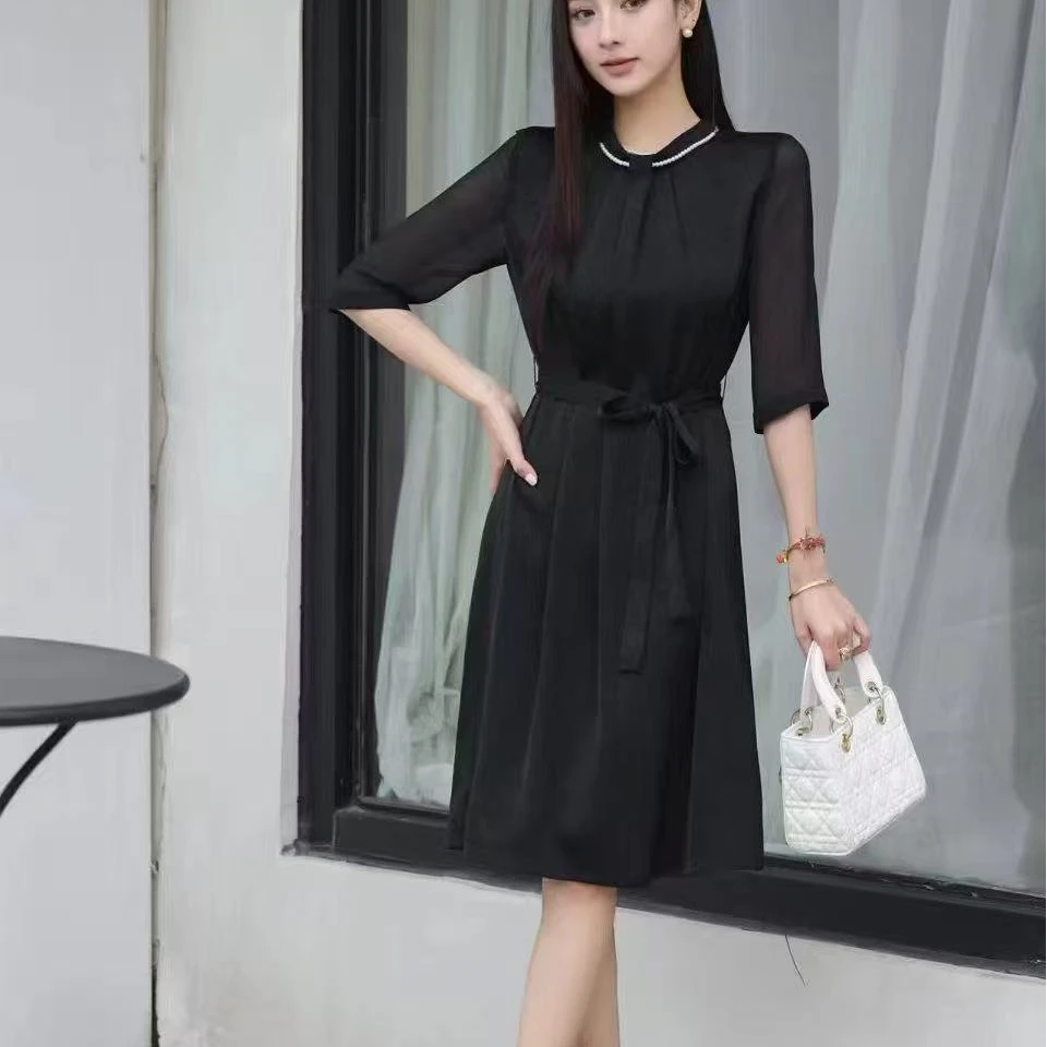 【QX374】-高端优雅连衣裙纯色双乔打褶通勤裙子宽松系带显瘦