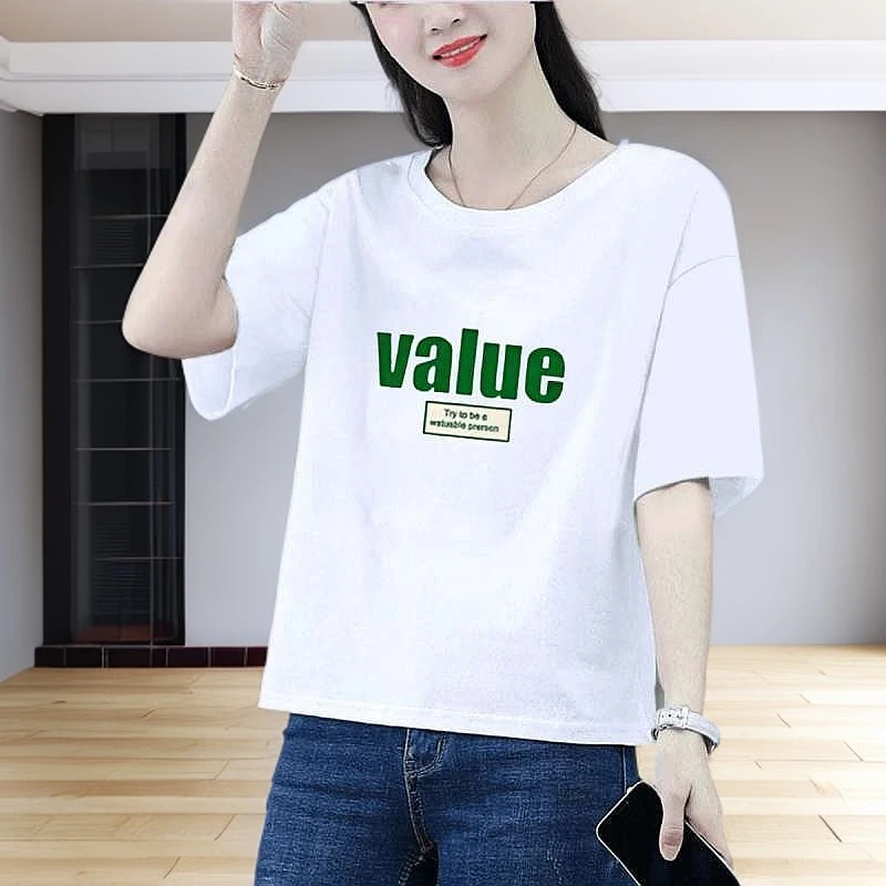 100%纯棉白色短袖上衣潮2025夏季薄款减龄圆领宽松版印花T恤衫女