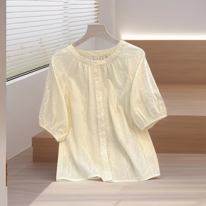 短袖百搭衬衫提花泡泡袖宽松气质刺绣小衫常规款时尚夏季法式