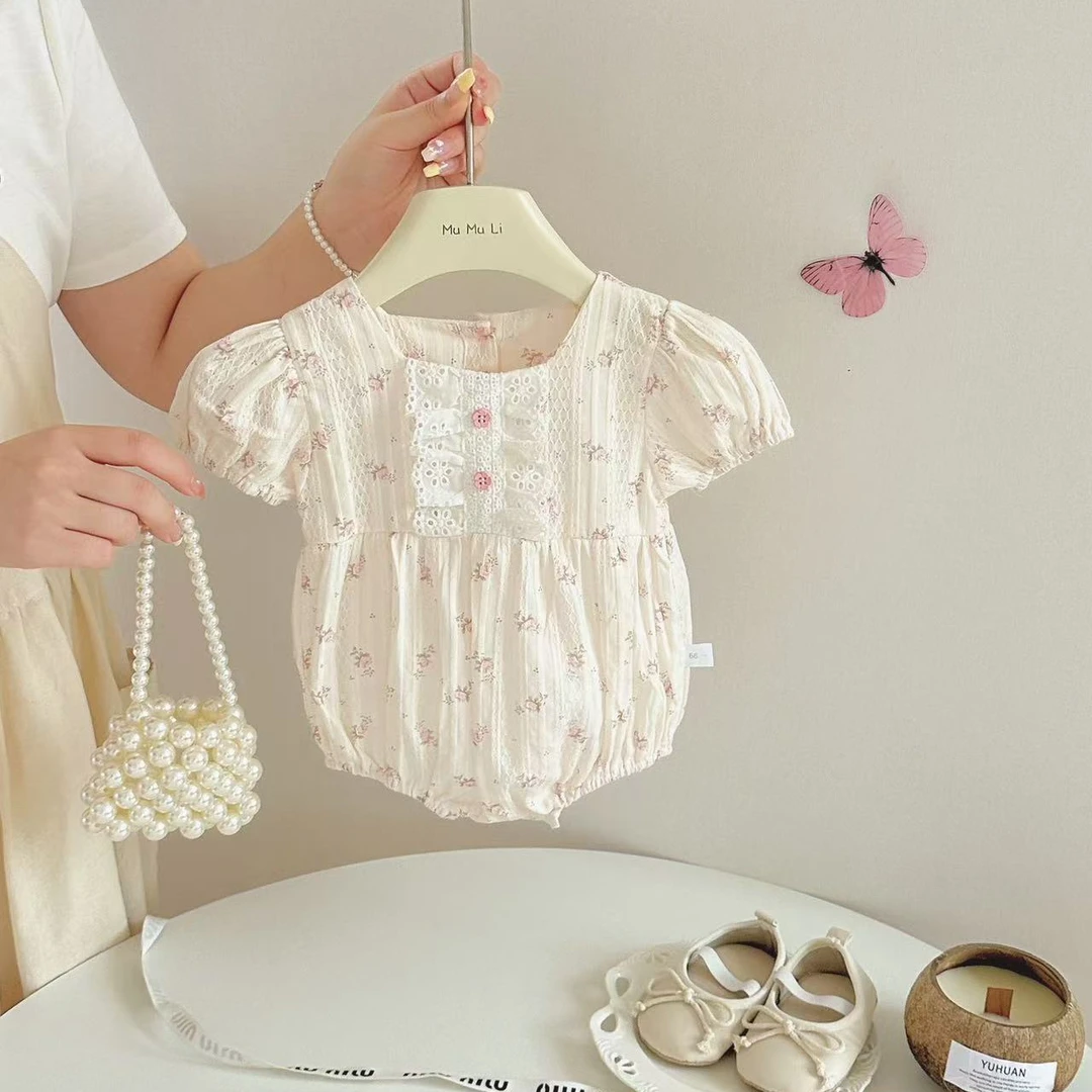 新款韩系洋气夏季甜美女宝宝外出超萌可爱公主碎花半袖包屁衣
