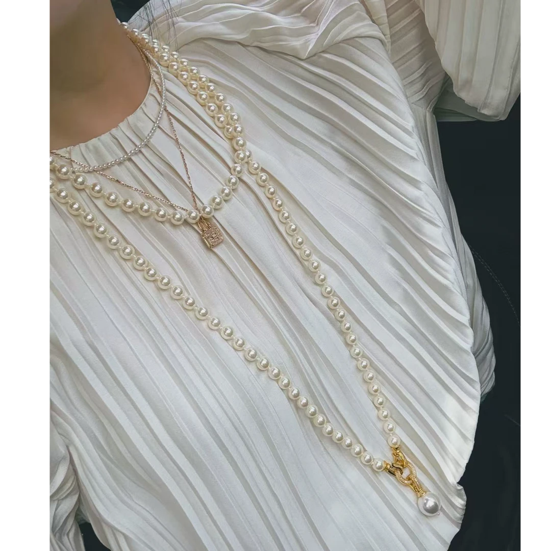 非金属仿珍珠项链 小众设计师款手工打结叠戴珠珠项链「长度140cm」