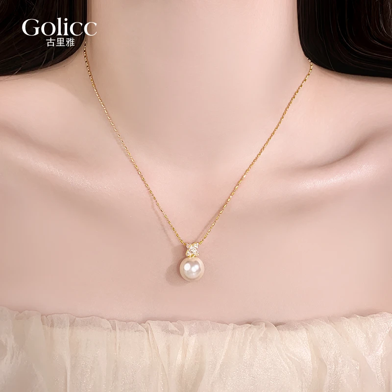 铁合金大理石项链 金色四叶草锆石贝珠项链女款轻奢小众吊坠饰品