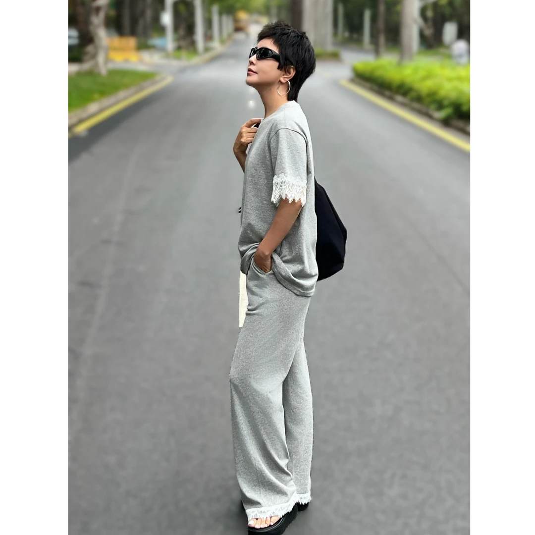 质社原创设计夏季慵懒感蕾丝拼接T恤+松紧腰裤子套装MC017