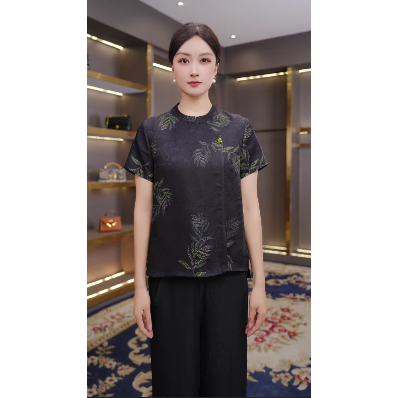 [雅韵] 2025新款花萝提花气质斜襟琉璃扣正肩袖上衣