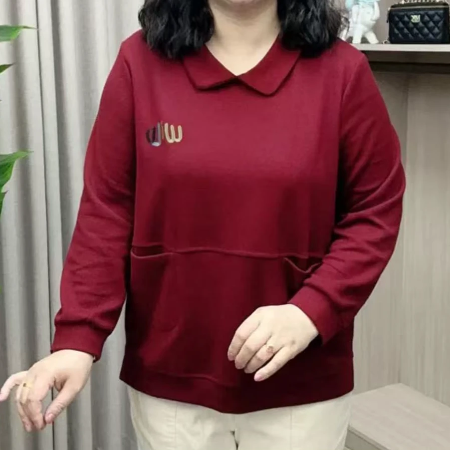 娃娃领显瘦卫衣中老年妈妈装遮肉百搭新款显瘦长袖上衣2025大码