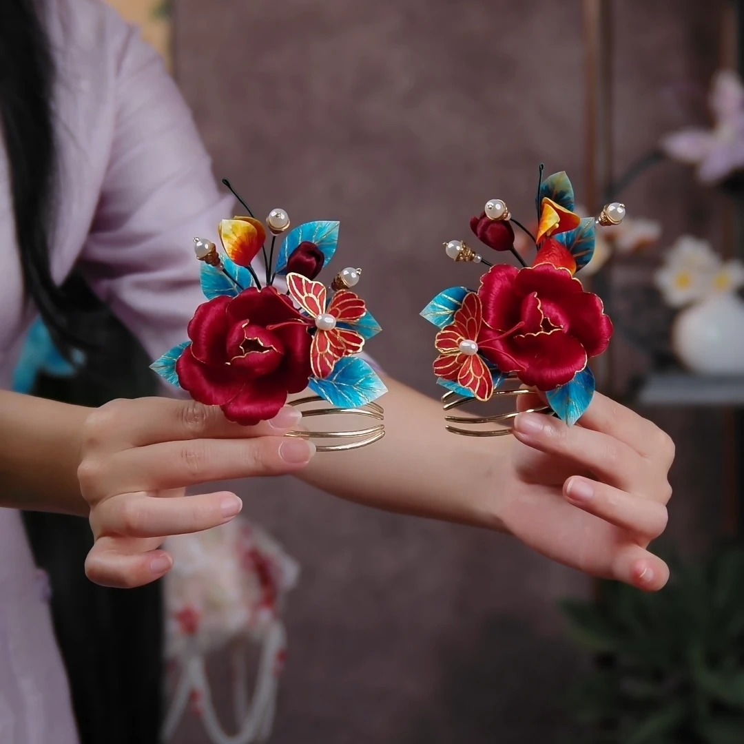 【牡丹对夹】非遗扁绒绒花喜庆红色牡丹对夹插梳发饰古风旗袍手工