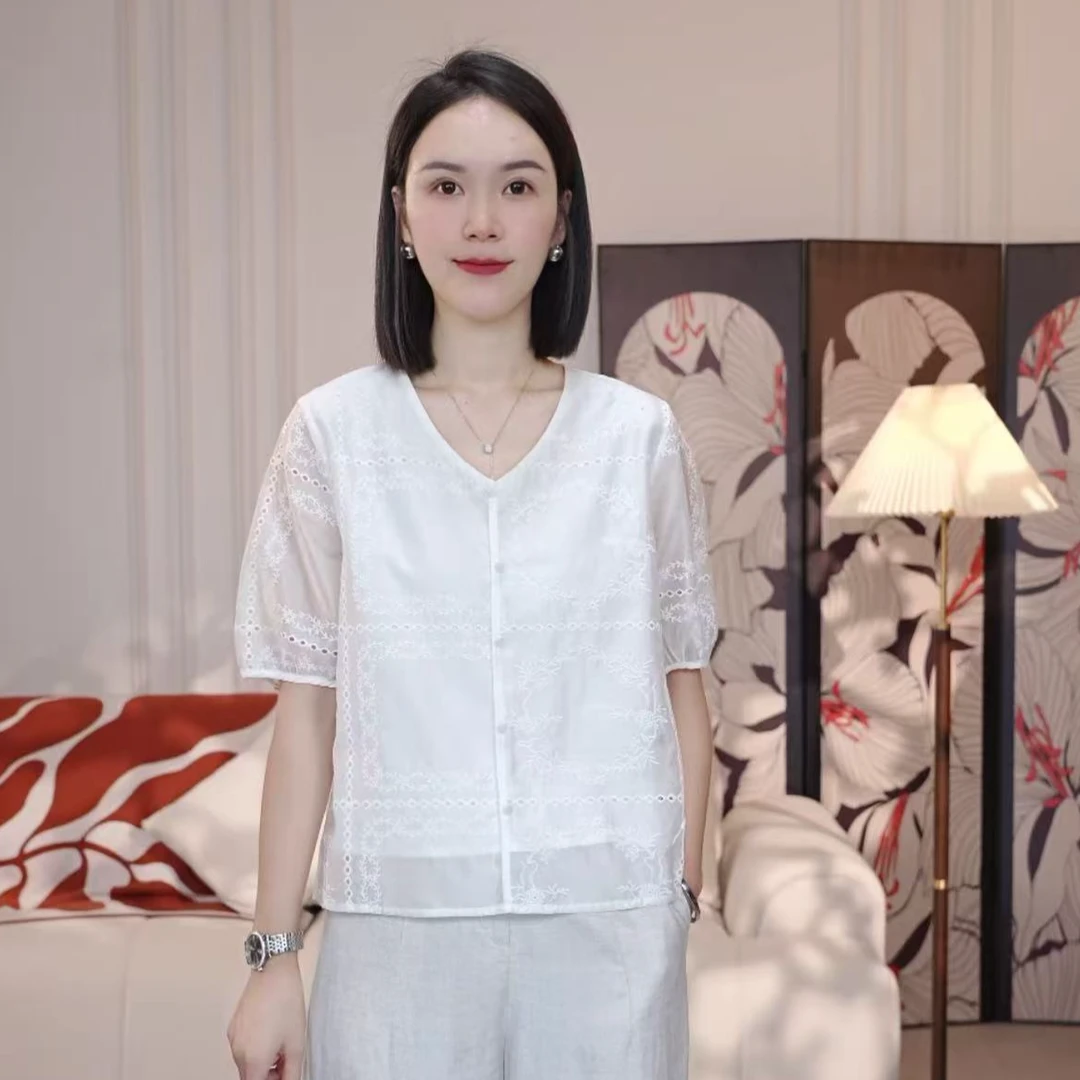 【希希推荐】FX-361夏季薄款短袖衬衫宽松V领上衣设计感提花T2025