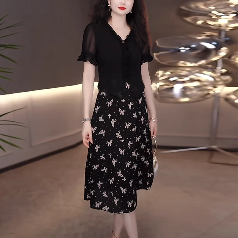 乔其纱气质轻奢高级感女装2025夏季新款时尚减龄假两件显瘦连衣裙