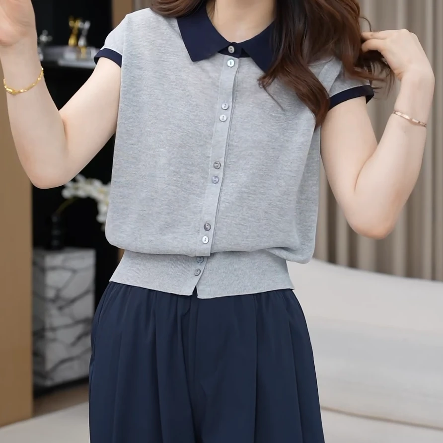 【气质POLO】简约撞色翻领排扣针织上衣